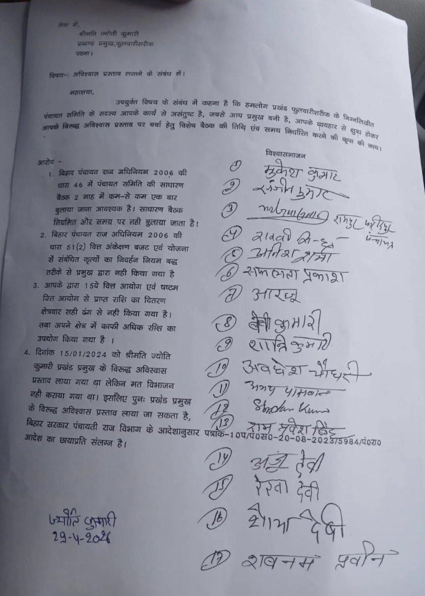 फुलवारीशरीफ में प्रमुख के खिलाफ अविश्वास प्रस्ताव, 17 सदस्यों ने दिया आवेदन